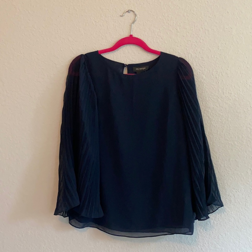 Dark Navy Blue Blouse with Pleated Sleeves by MM Couture in Women's Size M